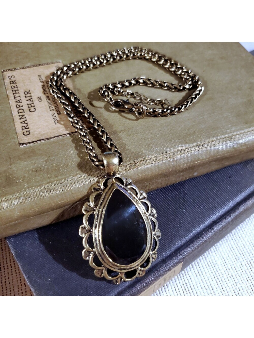 Victorian Steampunk Retro Style Black Antique Brass Teardrop Pendant Necklace
